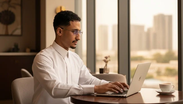 رجل أعمال عربي يعمل على حاسوب محمول