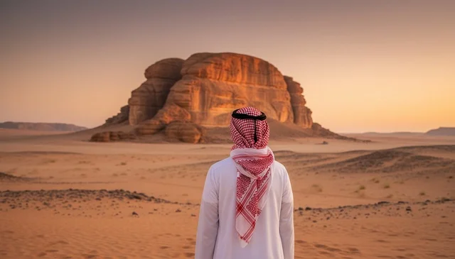 Saudi Man in AlUla Desert Rock Formation at Sunset