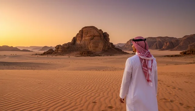 رجل سعودي بالزي التقليدي في الصحراء وقت الغروب