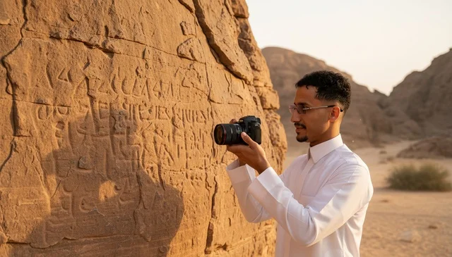 Saudi Man Photographing Ancient Petroglyphs in Desert