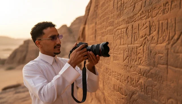 Saudi Man Photographing Ancient Inscriptions at Sunset