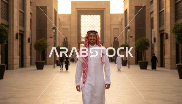 رجل سعودي بالزي التقليدي في ساحة عمرانية حديثة