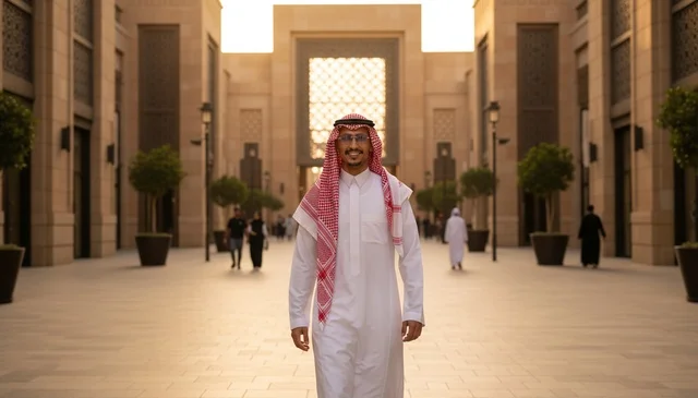 رجل سعودي بالزي التقليدي في ساحة عمرانية حديثة