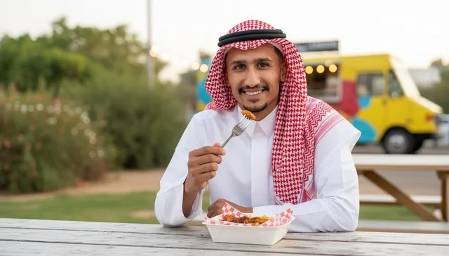 رجل سعودي يتناول طعام الشارع في جلسة خارجية