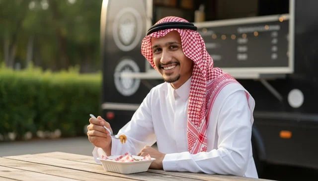 Saudi Man Eating Street Food at Outdoor Food Truck Table