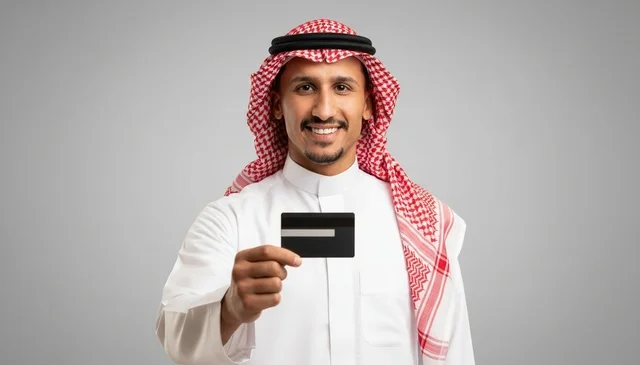 رجل سعودي يحمل بطاقة ائتمان بالزي التقليدي