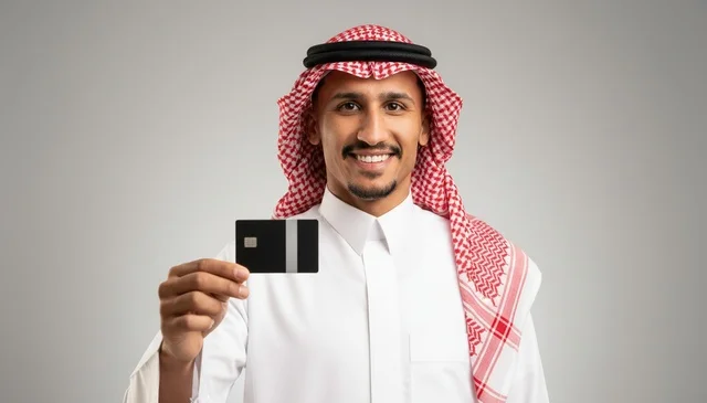 Saudi Man Holding Black Credit Card in Studio