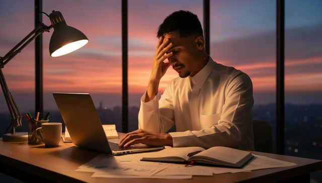 رجل أعمال سعودي بالثوب يعمل في المكتب وقت الغروب