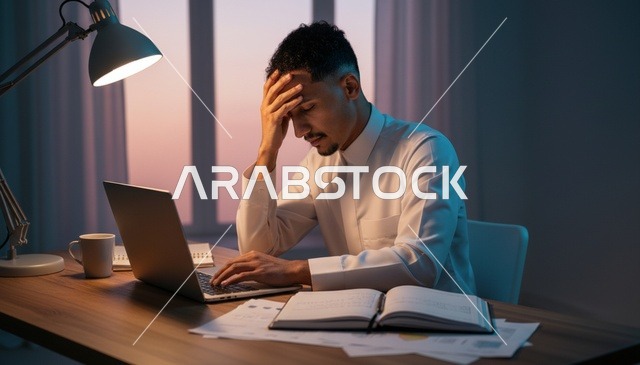 رجل سعودي بالثوب الأبيض يعمل على المحمول ليلاً