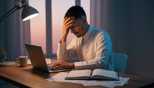 Saudi Man in Thobe Working Late on Laptop at Desk