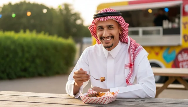 Saudi Man in Traditional Thobe Eating Street Food Outdoors