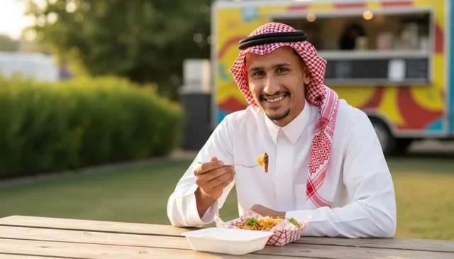 Saudi Man Eating Street Food at Outdoor Food Truck