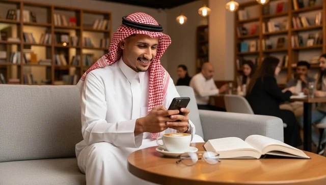 Saudi Man Wearing Traditional Thobe Using Smartphone