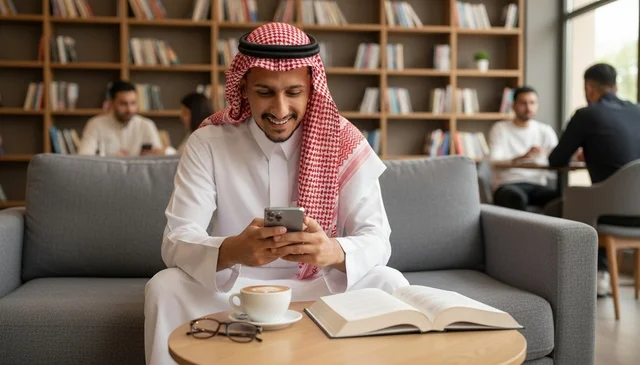 Saudi Man Using Smartphone in Modern Library