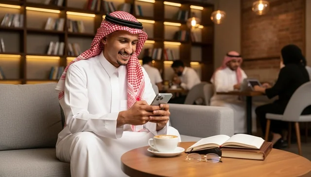 Saudi Man in Traditional Dress Using Smartphone in Cafe
