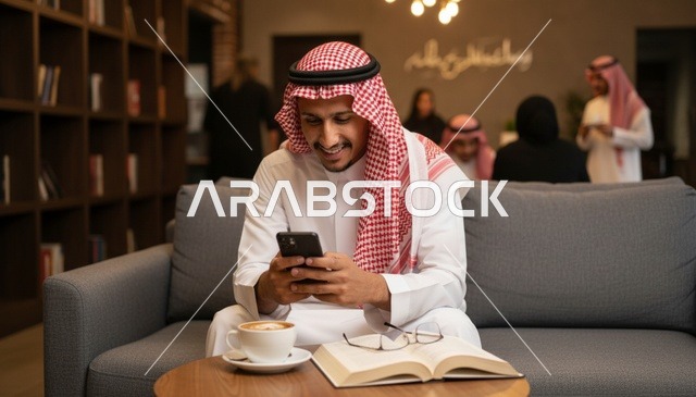 رجل سعودي يستخدم الهاتف الذكي في مقهى حديث
