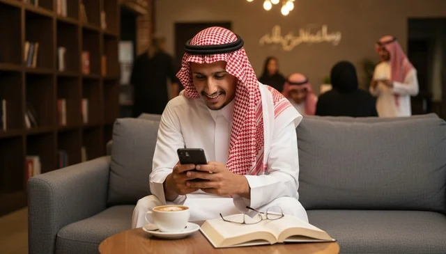 رجل سعودي يستخدم الهاتف الذكي في مقهى حديث