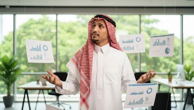Saudi Businessman in Office with Floating Data Charts