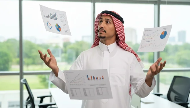 Saudi Businessman Throwing Financial Charts in Office