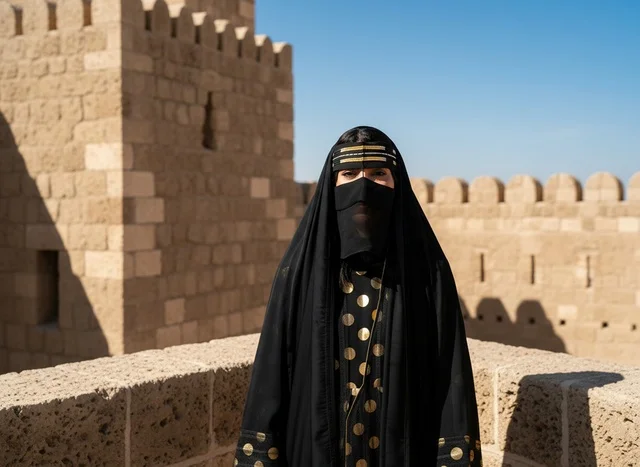 امرأة سعودية باللباس التقليدي في قلعة تاريخية