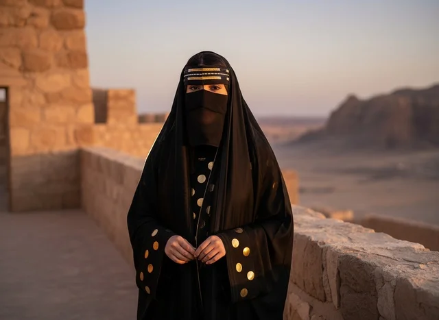 امرأة سعودية بالعباءة التقليدية في غروب الشمس بالصحراء