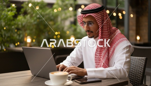 رجل سعودي يستخدم الحاسوب في مقهى خارجي