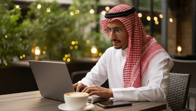 Saudi Man Using Laptop at Outdoor Cafe