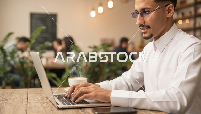 شاب عربي يعمل على جهاز محمول في المقهى