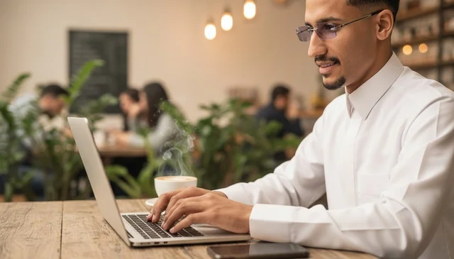 Arab Man Working on Laptop in Cafe