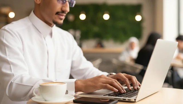 رجل سعودي بالثوب الأبيض يعمل على الكمبيوتر في مقهى
