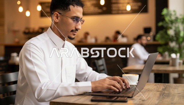 Saudi Man in Thobe Working on Laptop in Cafe