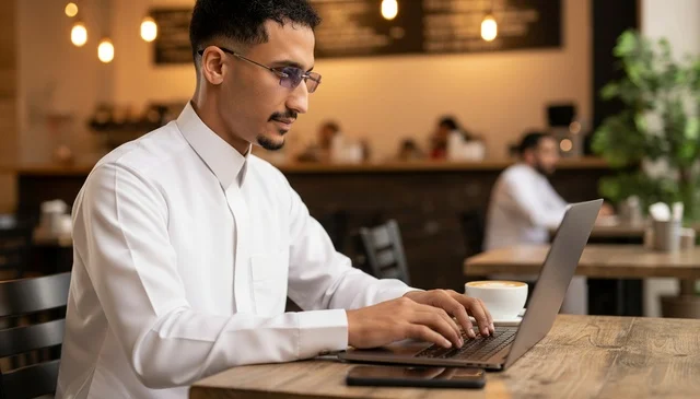 Saudi Man in Thobe Working on Laptop in Cafe