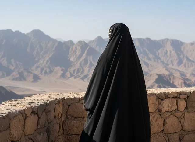 امرأة إماراتية باللباس التقليدي تطل على الجبال