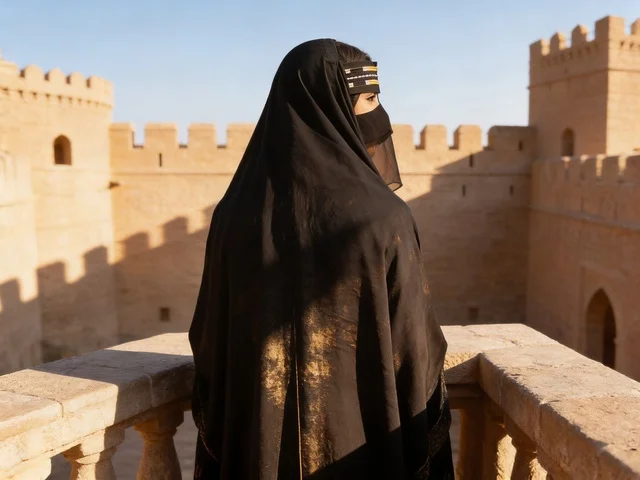 Saudi Woman in Niqab at Historic Mudbrick Fort