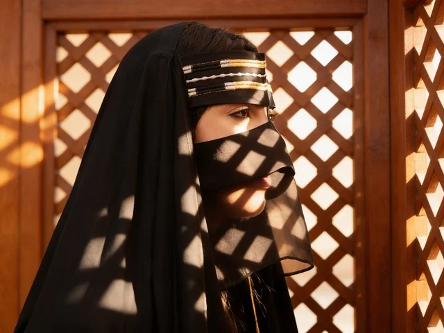 Saudi Woman in Traditional Niqab with Shadow Patterns