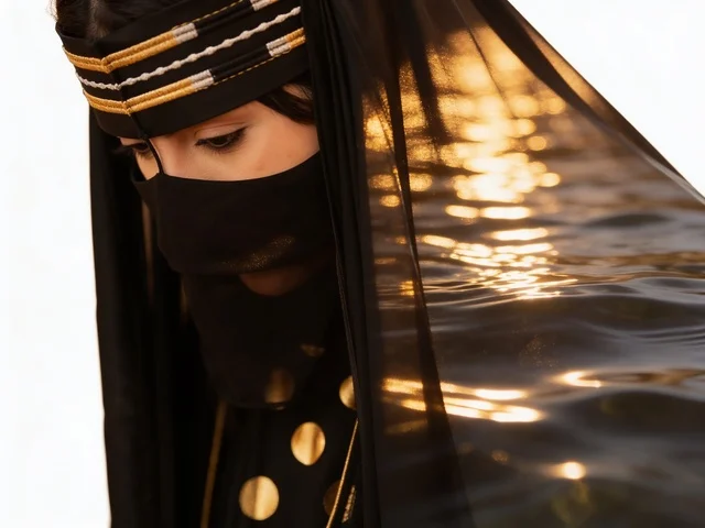 Saudi Woman in Traditional Dress with Water Reflection