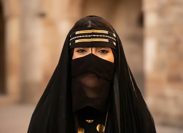 امرأة سعودية ترتدي البرقع والنقاب البدوي التقليدي