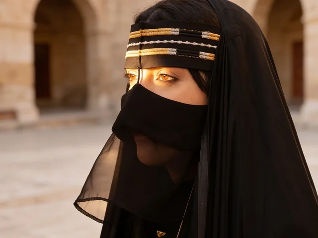 Saudi Woman in Traditional Burqa During Golden Hour