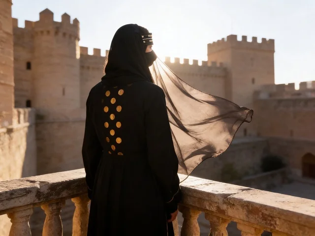 امرأة عربية بالنقاب في قلعة أثرية وقت الغروب