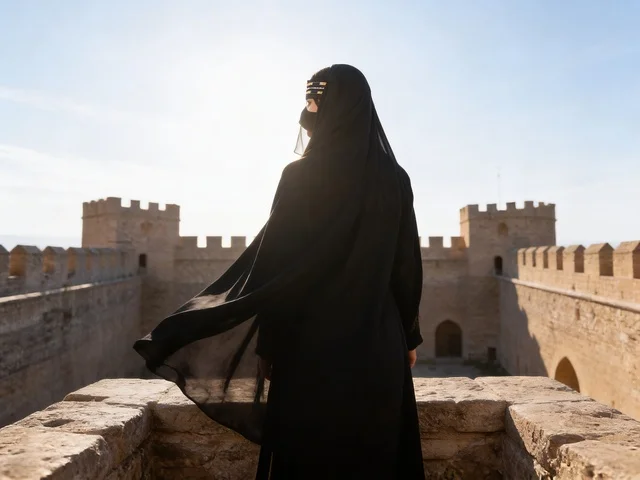 Emirati Woman in Abaya at Ancient Stone Fortress