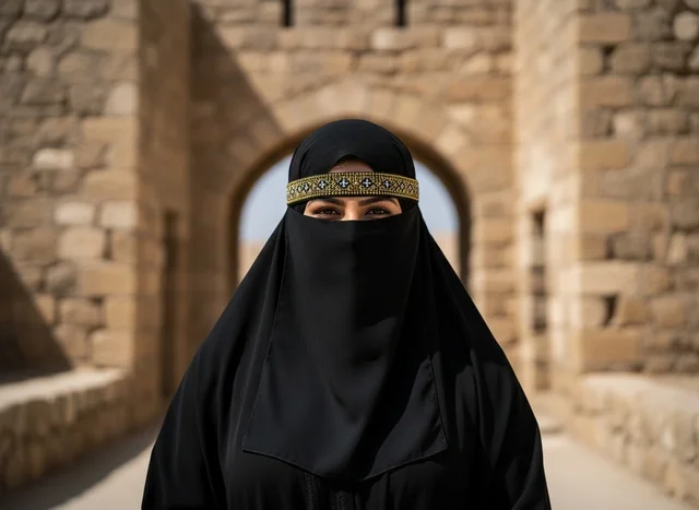 امرأة سعودية بالنقاب في قلعة حجرية تاريخية