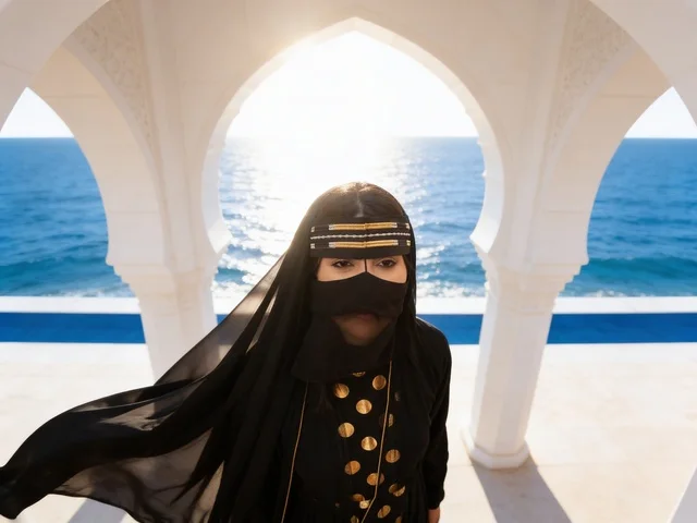 امرأة إماراتية بالعباءة والنقاب التقليدي على ساحل البحر