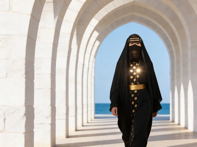 Emirati Woman in Traditional Dress under White Arches