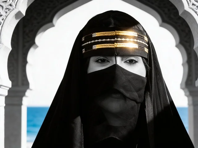 امرأة إماراتية بالنقاب والزي التقليدي أمام البحر امرأة إماراتية بالنقاب والزي التقليدي أمام البحر