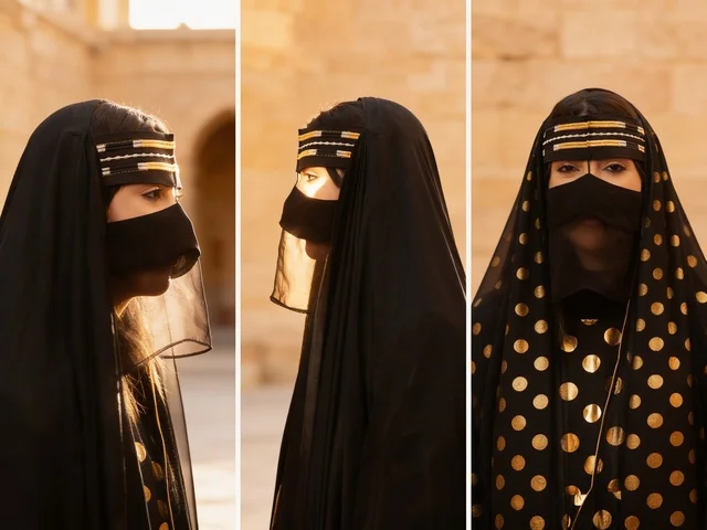 Qatari Woman in Traditional Battoulah and Black Abaya