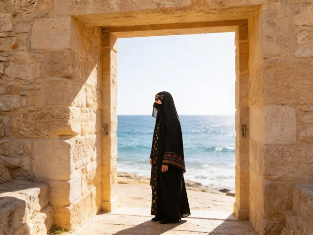 Saudi Woman in Traditional Dress at Ancient Stone Archway
