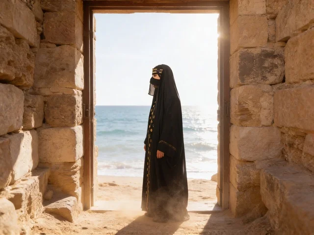 امرأة إماراتية باللباس التقليدي عند أطلال حجرية ساحلية