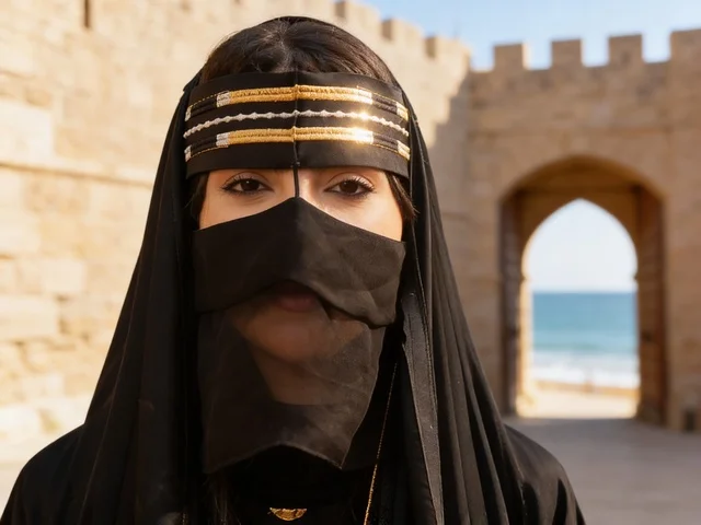 امرأة إماراتية بالبرقع التقليدي أمام حصن قديم
