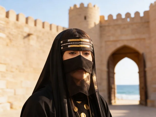 Emirati Woman in Traditional Burqa at Historical Fort