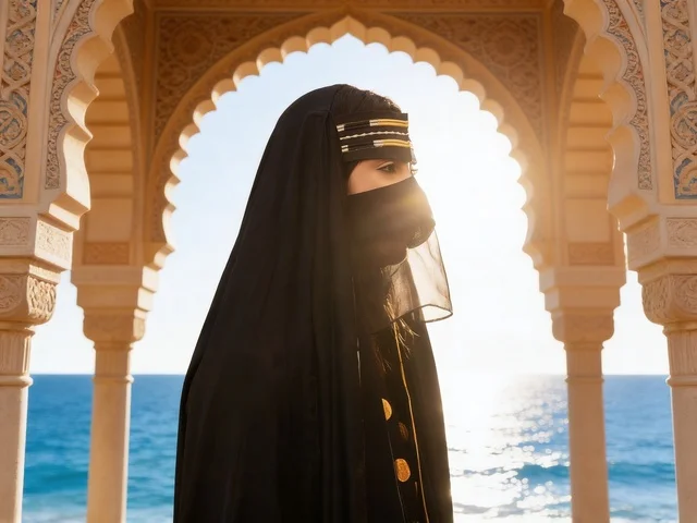Emirati Woman in Traditional Abaya and Burqa at Sea
